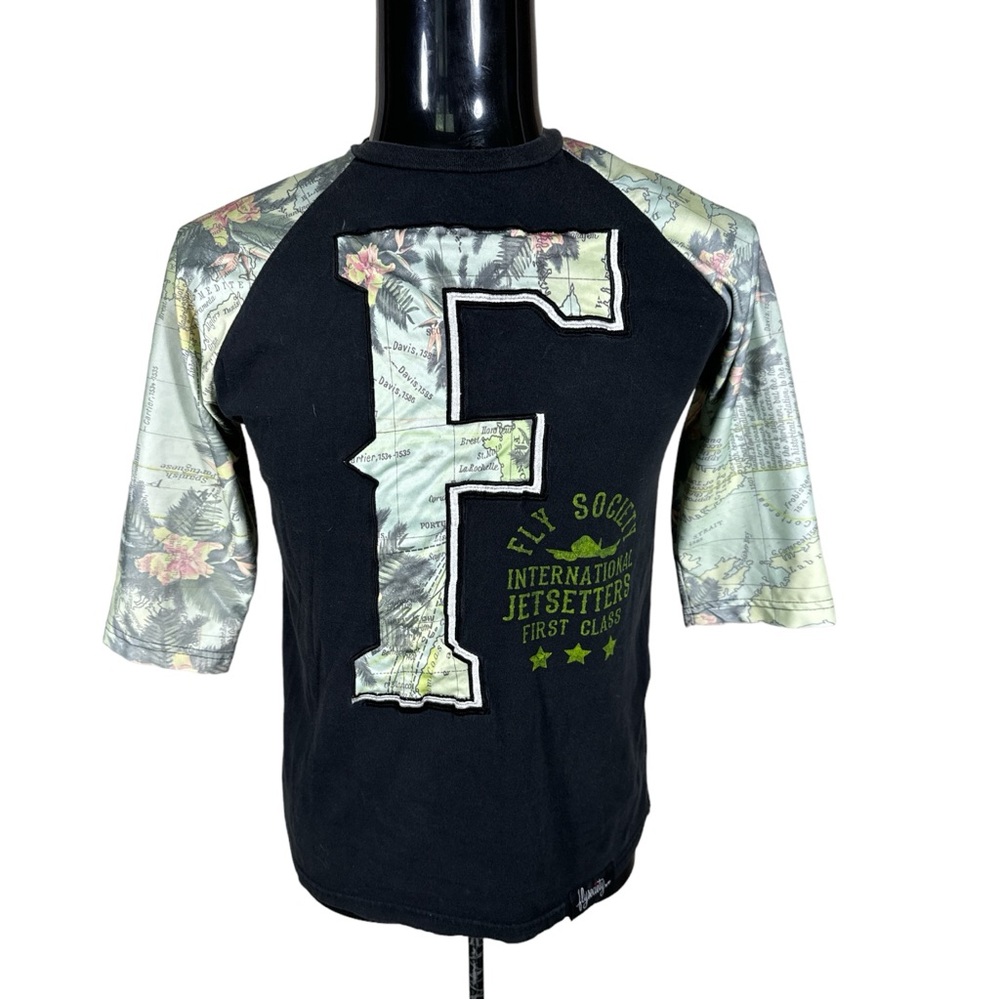 Fly Society Mens Sz M Raglan Tropical Print 3/4 Sleeve Tee